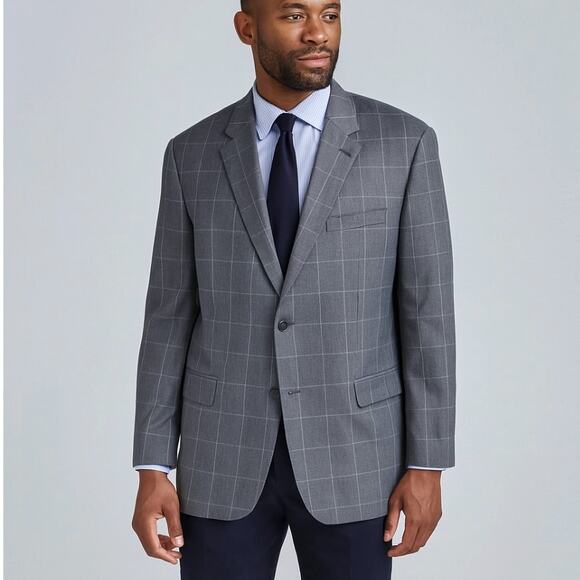 Ralph Lauren 50L Big & Tall Wool Blazer Sport Coat Gray Windowpane Plaid Jacket - Picture 1 of 13